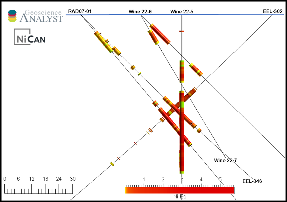 Figure 3: Drill Holes Wine-22-06 and Wine-22-07 Presented in a Cross Section Looking Southwest (210â°) with Historical Holes* 