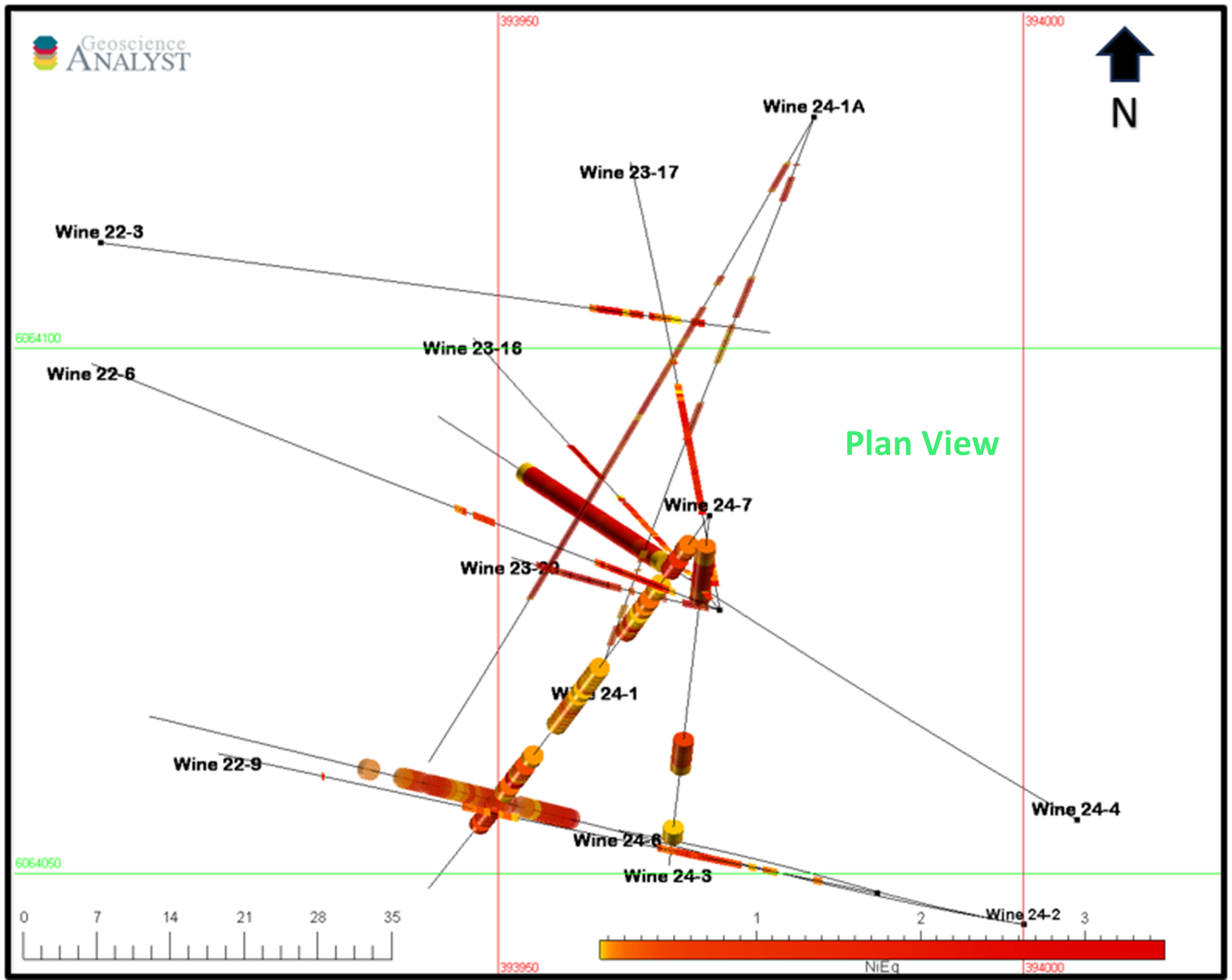 Figure 3. Plan View of the Wine Occurrence Showing Drill Holes Wine 24-2, 24-3, 24-4, 24-6 and 24-7