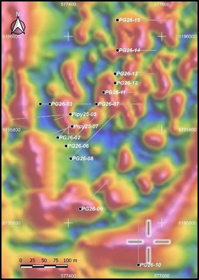 Figure 2: Horseshoe Gold Zone - 2025 and 2026 Drill Hole Locations on a Tilt Derivative Magnetic Base